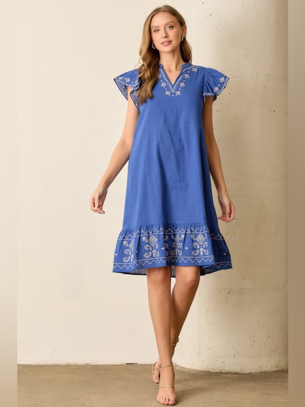 Embroidered Flutter-Sleeve Blue Midi Dress